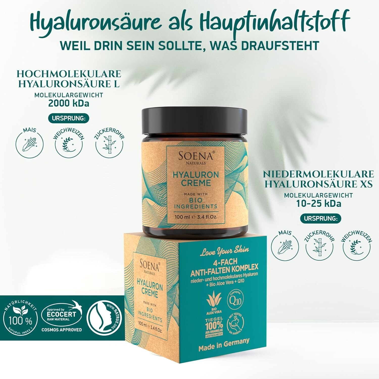 100ml Bio Hyaluron Creme Gesicht – Anti-Falten, Q10, hochdosiert & feuchtigkeitsspendend
