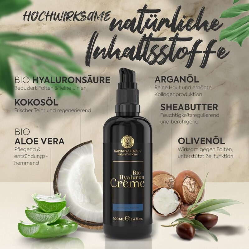 100ml BIO Hyaluron Creme fürs Gesicht – Hochdosiert mit Arganöl, Aloe Vera & Kokosöl