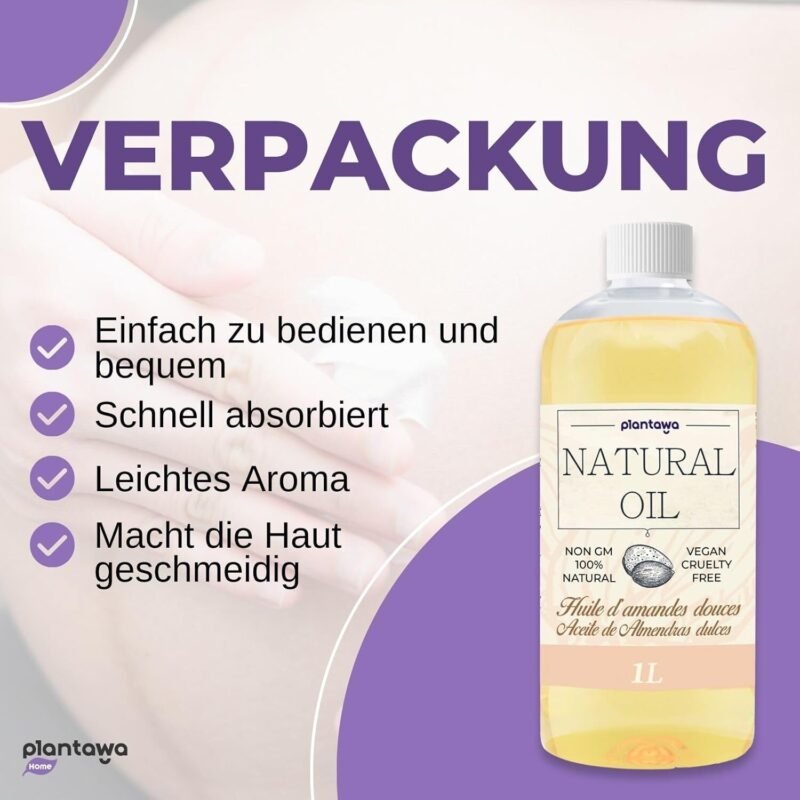 1L Süßes Mandelöl pflanzlichen Ursprungs – Natürliches Körperöl mit Vitamin E für Massage und Schwangerschaftspflege