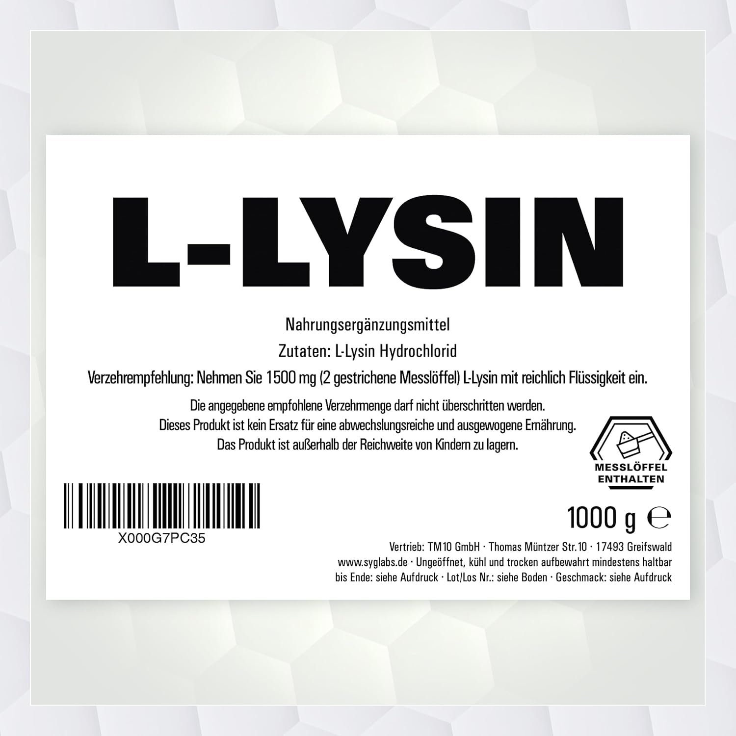714ZhNFzG1L._AC_SL1500_ 1 kg l-lysin pulver – 100% rein – Vegan, ohne Zusatzstoffe