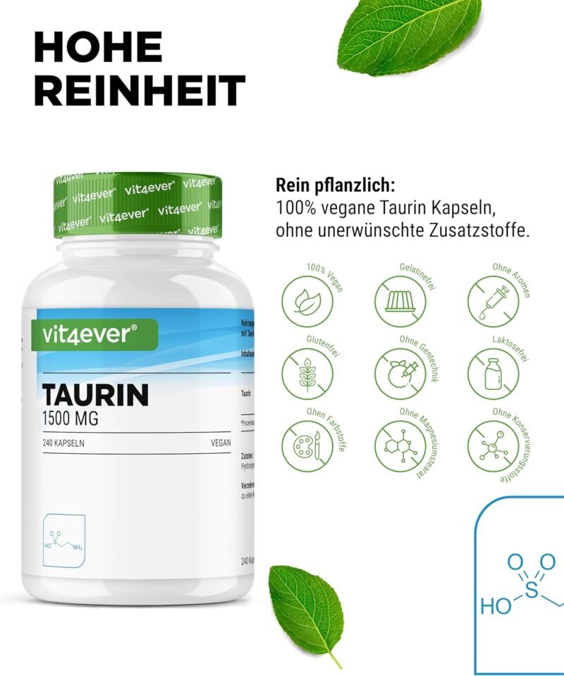 240 kapseln taurin kapseln 1500 mg hochdosiert – Vegan, ohne Zusätze – Vit4ever