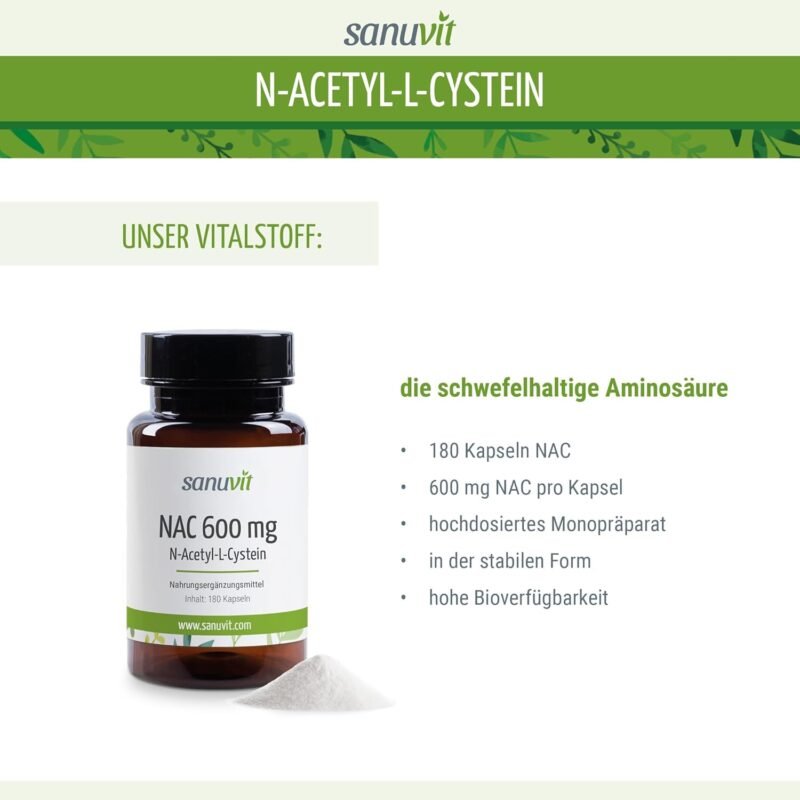 180 nac husten Kapseln – Hochdosiert 600 mg – Vegan, Hohe Bioverfügbarkeit – Sanuvit®