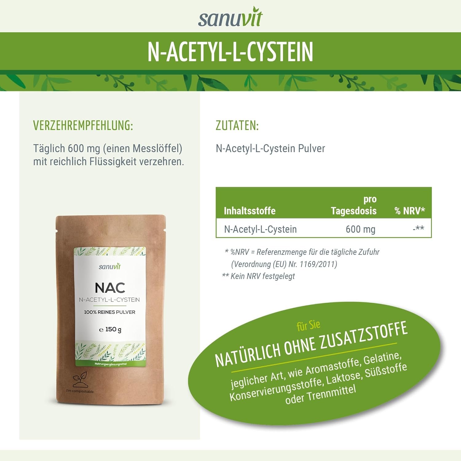 71JxWNkXAzL._AC_SL1500_ 150 g nac husten Pulver – Hochdosiertes NAC Pulver – Vegan, Hohe Bioverfügbarkeit – Sanuvit®