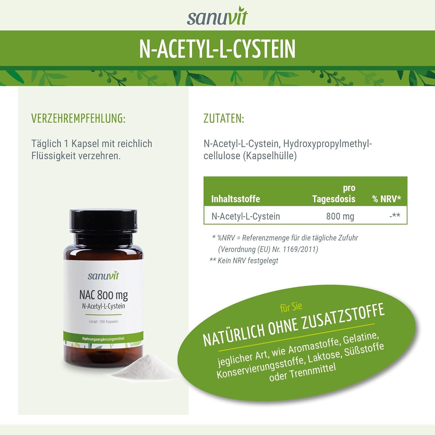 180 nac husten Kapseln – Hochdosiert 800 mg – Vegan, Hohe Bioverfügbarkeit – Sanuvit®