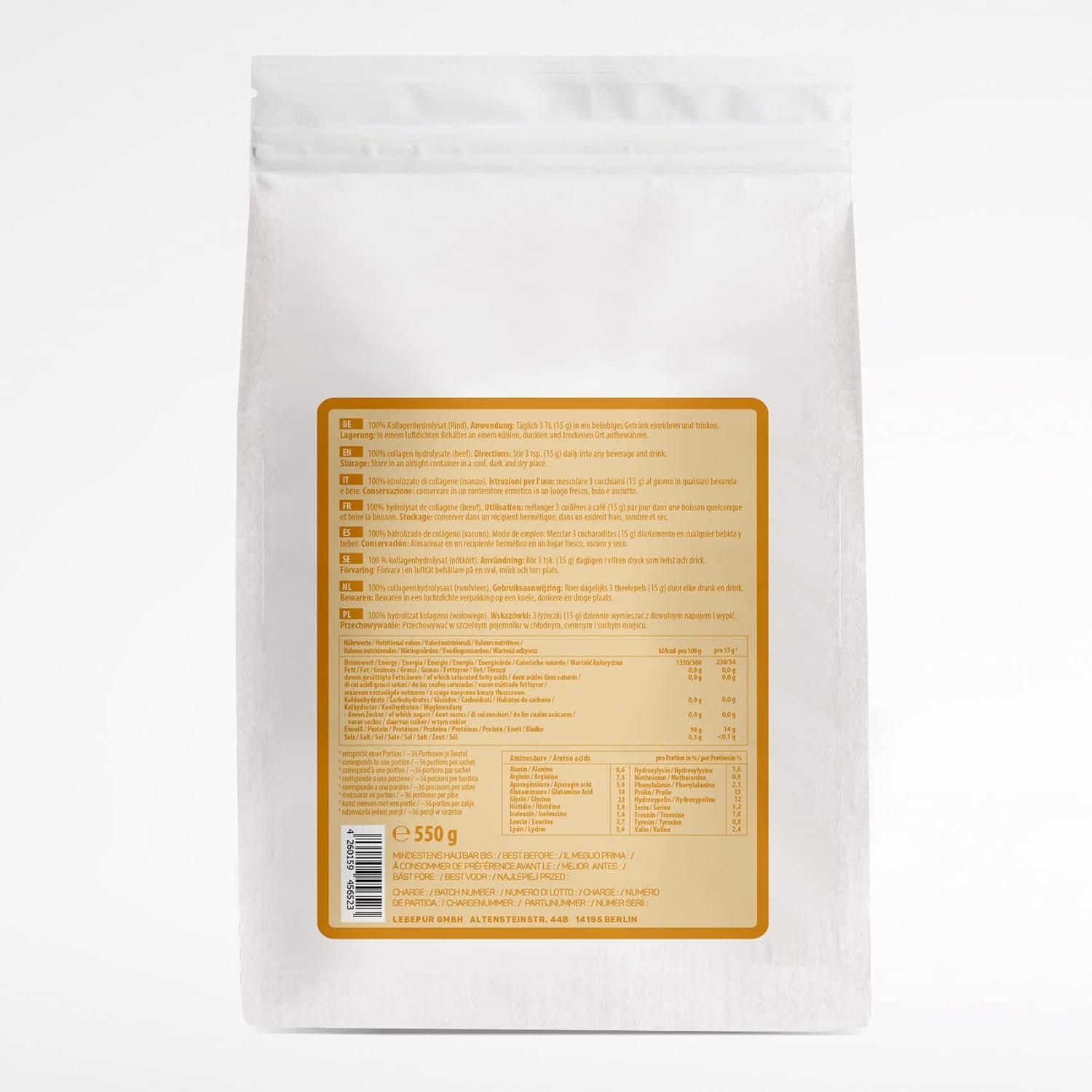 550g bioaktives kollagen pulver – Premium Kollagen Hydrolysat Peptide Typ 1 & 3 – Lebepur