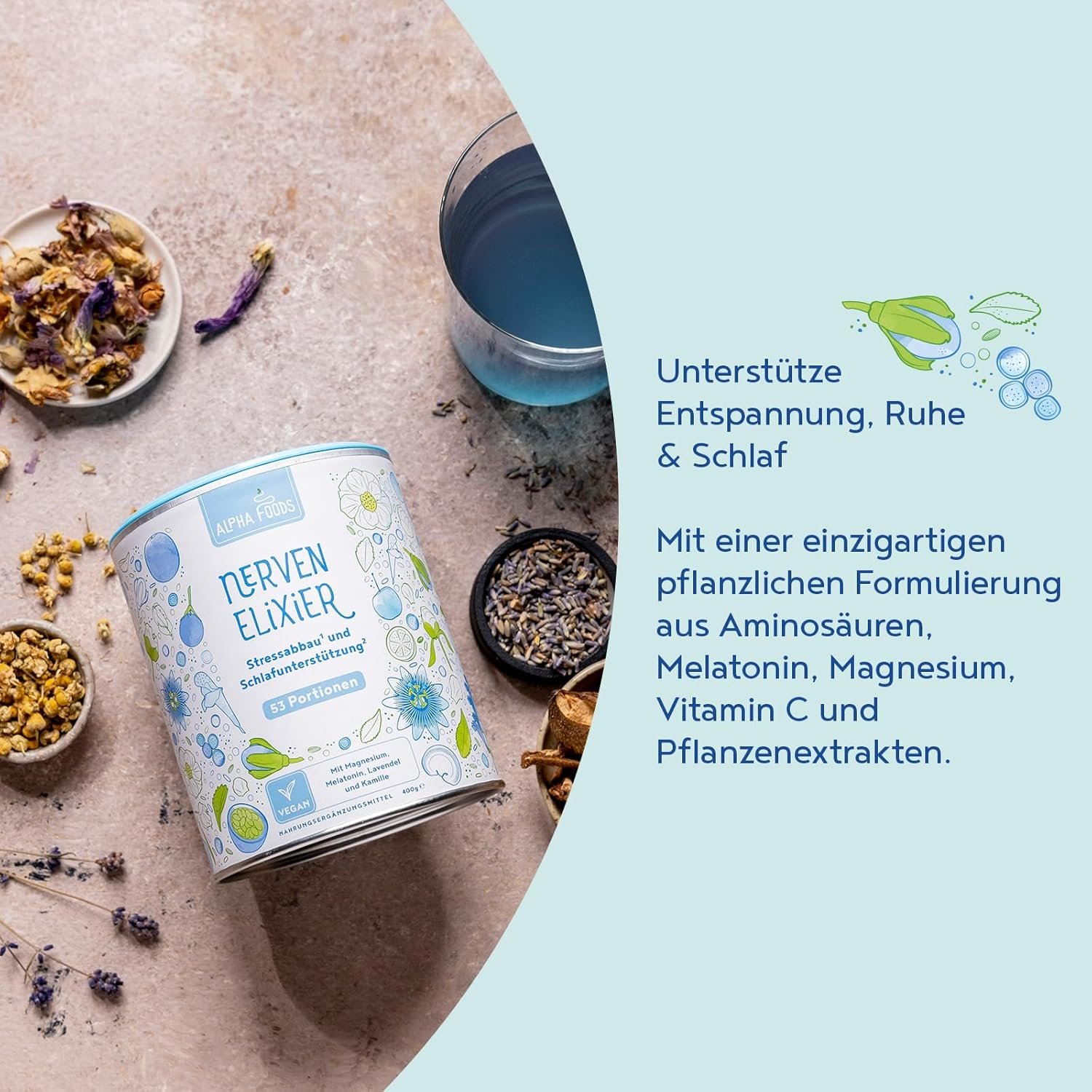 400g nerven elixier mit Melatonin, Magnesium & B-Vitaminen – Pflanzliche Mischung – Alpha Foods