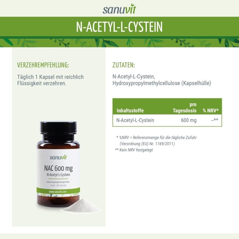 180 nac husten Kapseln – Hochdosiert 600 mg – Vegan, Hohe Bioverfügbarkeit – Sanuvit®