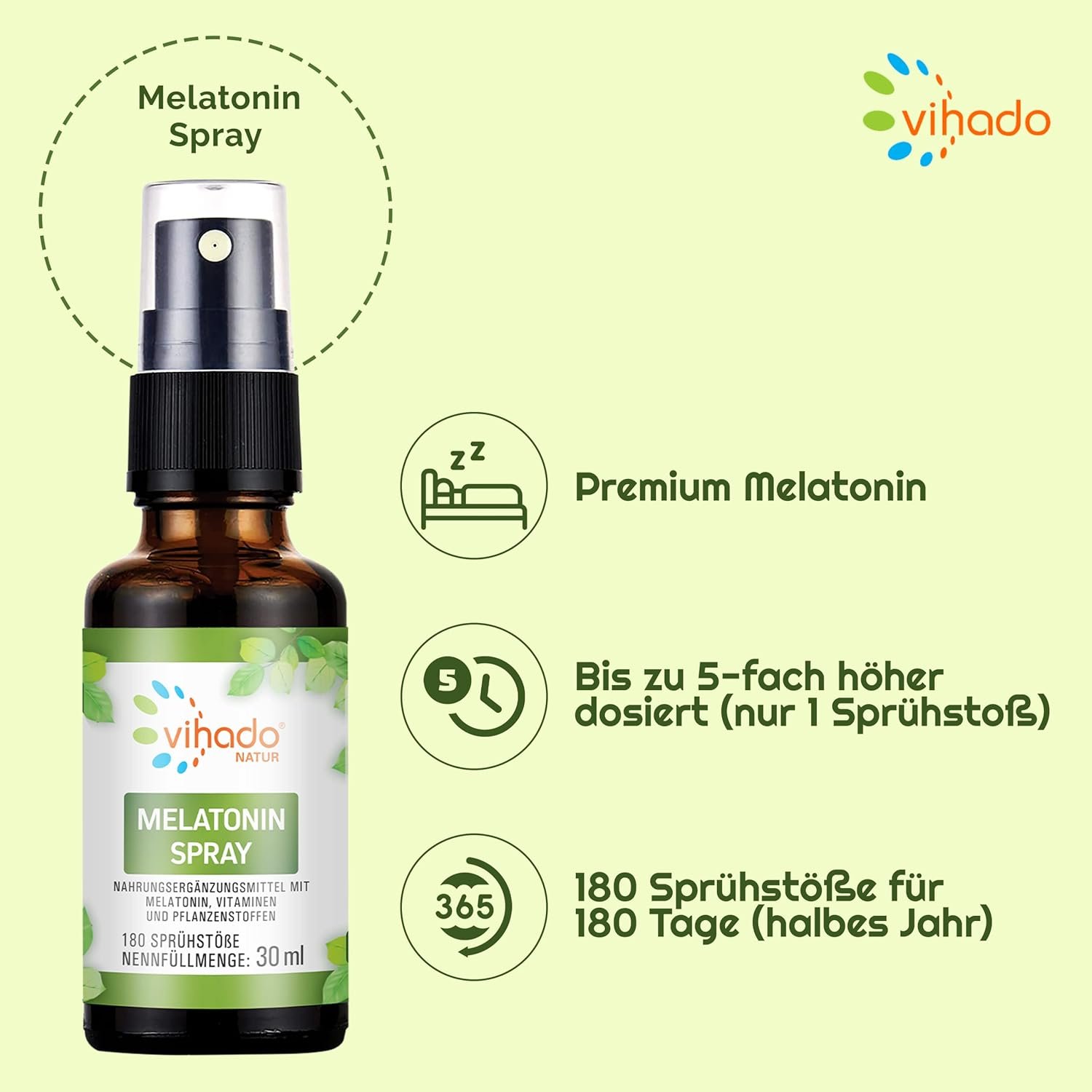 30 ml melatonin spray hochdosiert – Mit Ashwagandha, Lavendel & Vitamin B – Vihado Natur