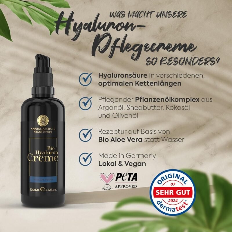 100ml BIO Hyaluron Creme fürs Gesicht – Hochdosiert mit Arganöl, Aloe Vera & Kokosöl