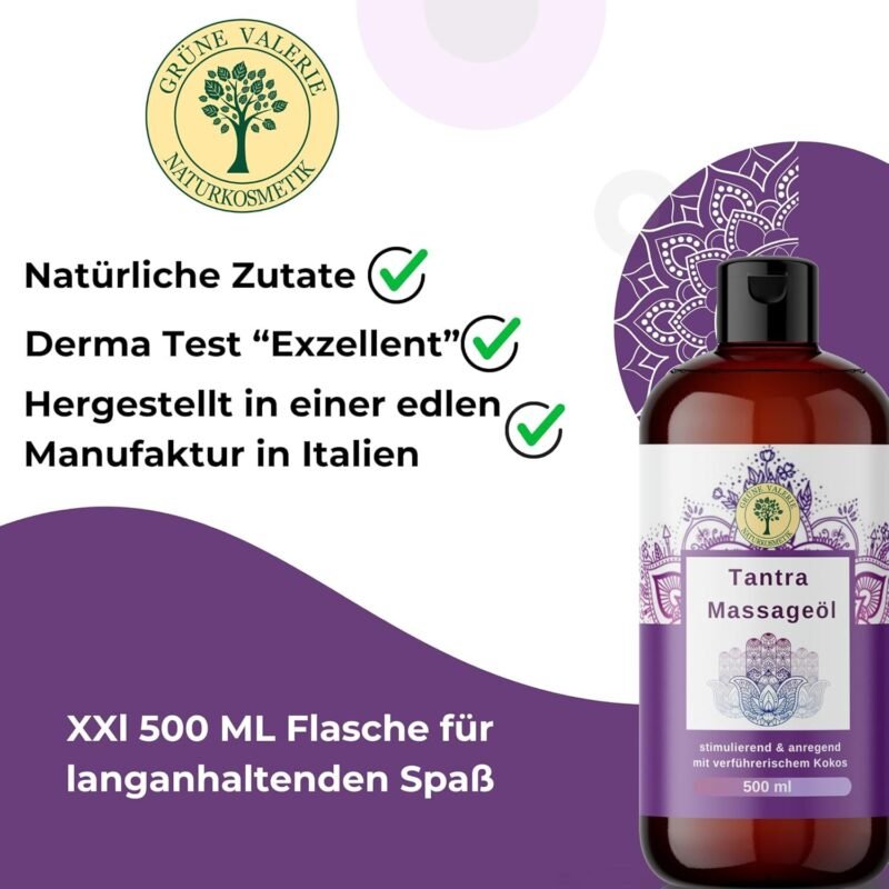 500ml Tantra Massageöl mit Kokosduft – Fruchtiges Körperöl für Entspannung & Wellness – GRÜNE VALERIE