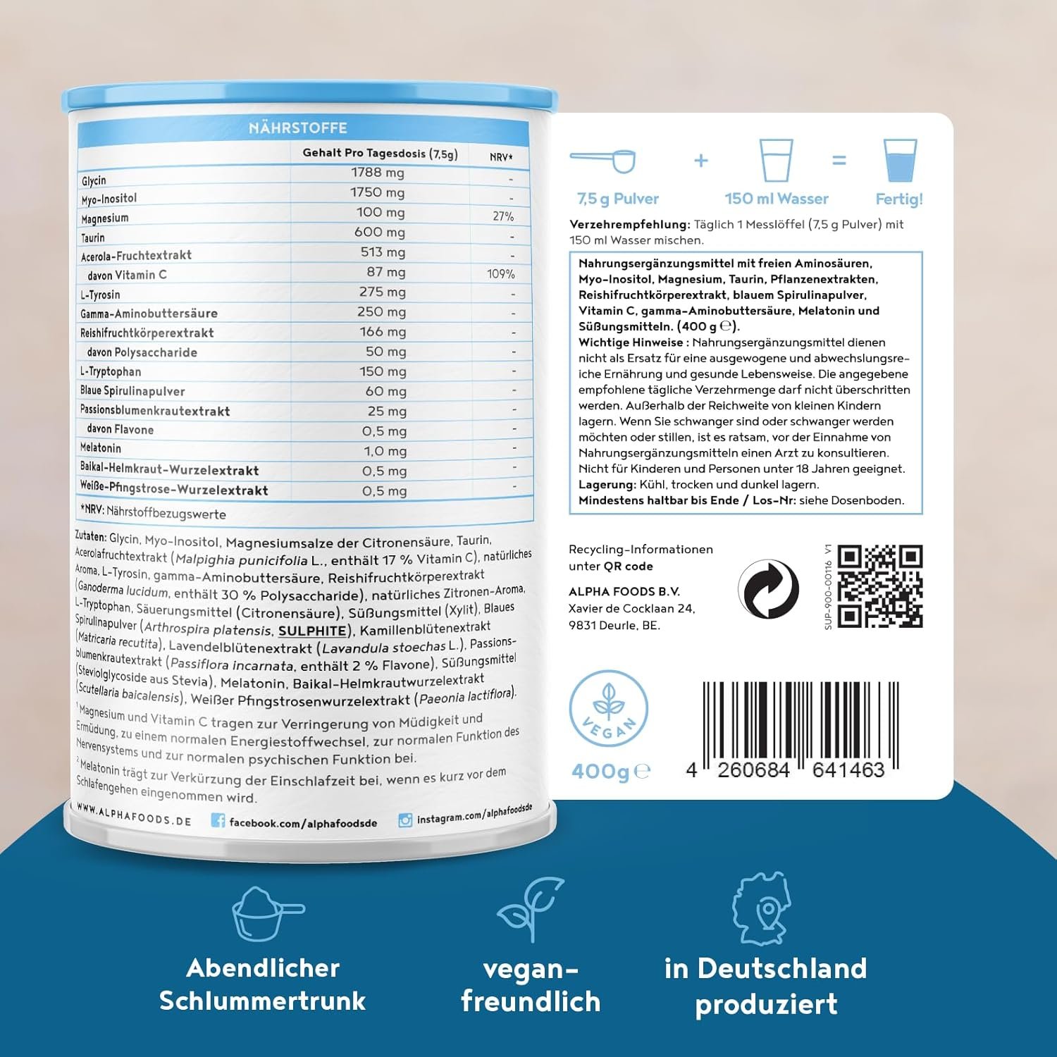 400g nerven elixier mit Melatonin, Magnesium & B-Vitaminen – Pflanzliche Mischung – Alpha Foods