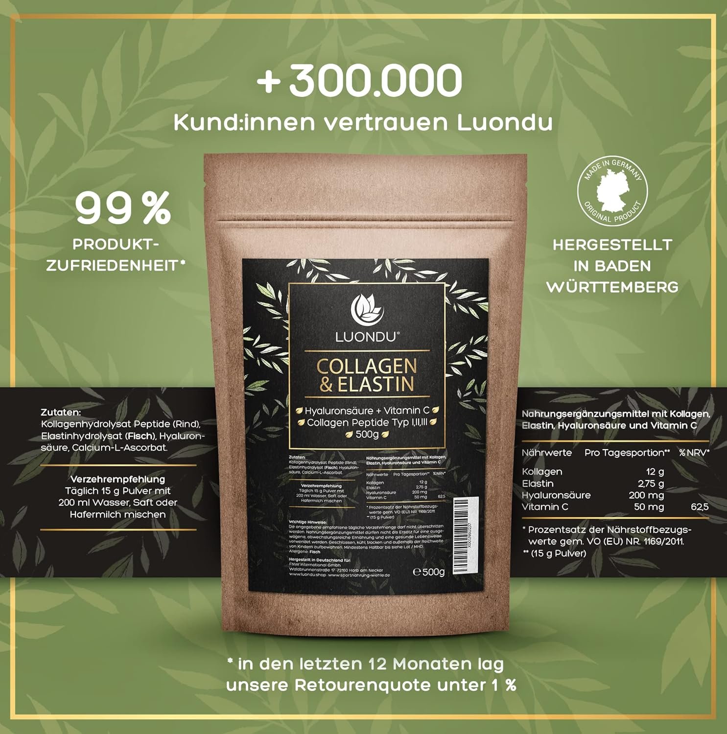 810lAzWoN2L._AC_SL1500_ 500g Collagen Pulver Bioaktiv mit Elastin, Hyaluronsäure & Vitamin C – Luondu®