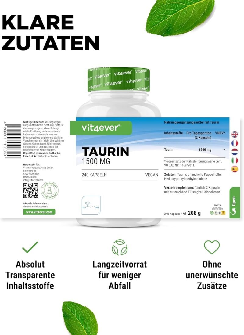 240 kapseln taurin kapseln 1500 mg hochdosiert – Vegan, ohne Zusätze – Vit4ever