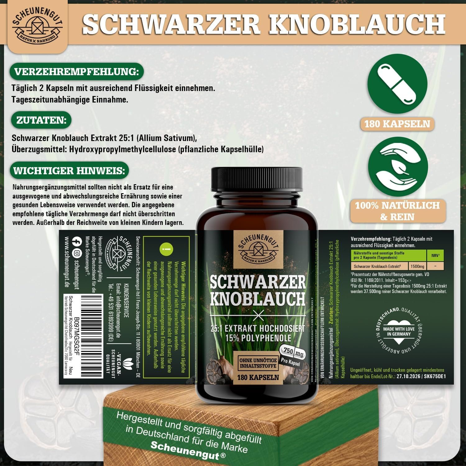 180 schwarzer knoblauch kapseln – 1500 mg Tagesdosis – 25:1 Extrakt & 15% Polyphenole – Laborgeprüft