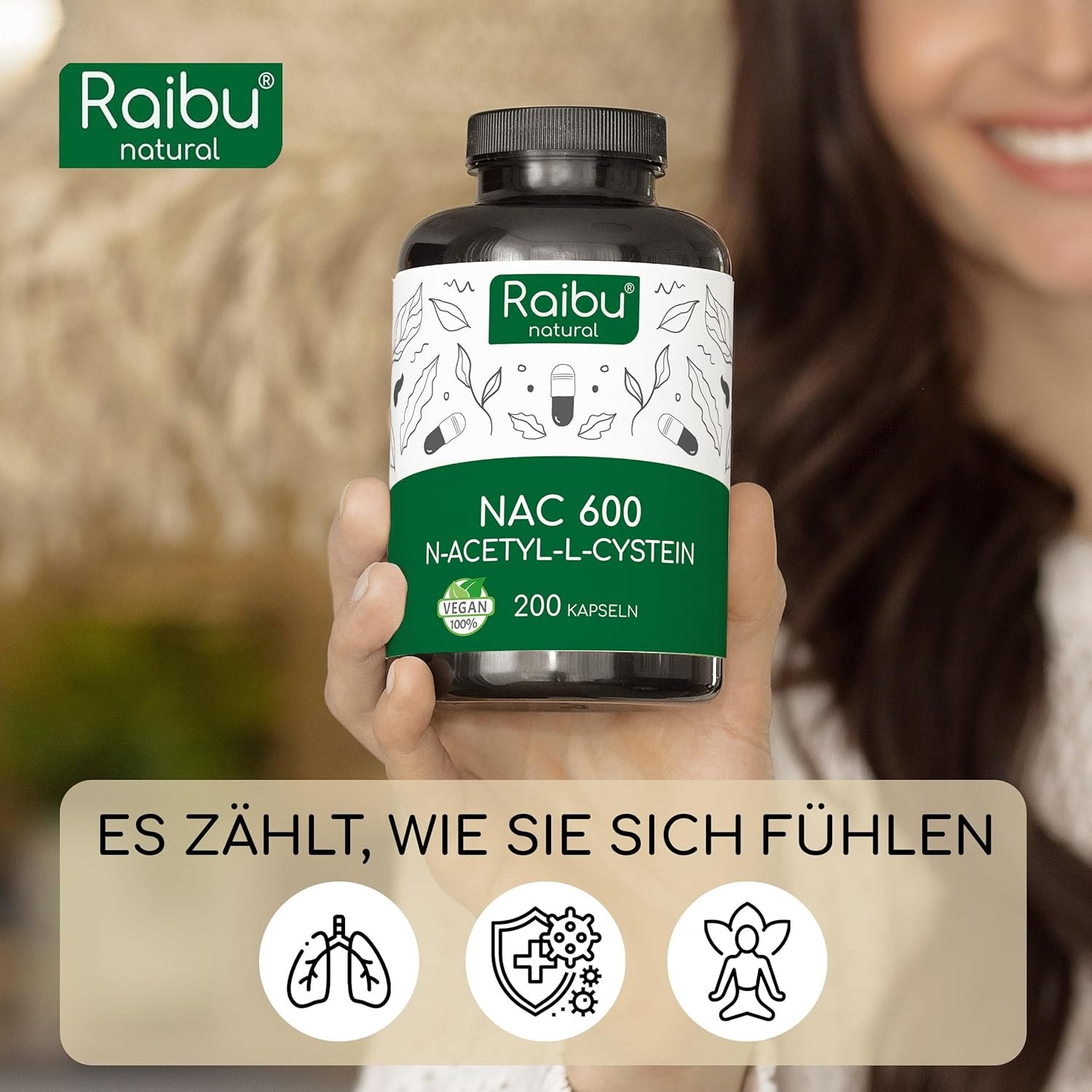 200 nac husten Kapseln 600 mg – Hochdosiert, Ohne Zusätze – Raibu