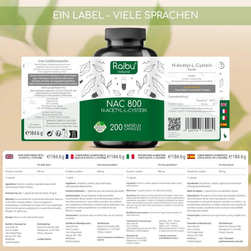 200 nac husten Kapseln 800 mg – Hochdosiert, Ohne Zusätze – Raibu