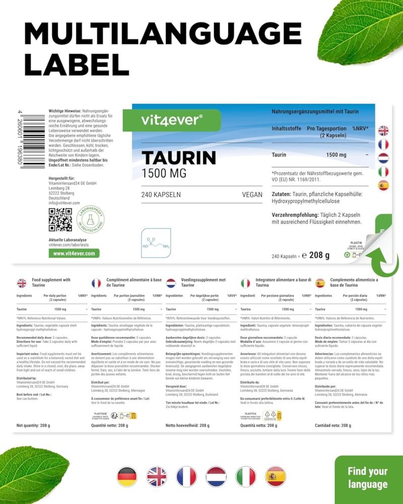 240 kapseln taurin kapseln 1500 mg hochdosiert – Vegan, ohne Zusätze – Vit4ever