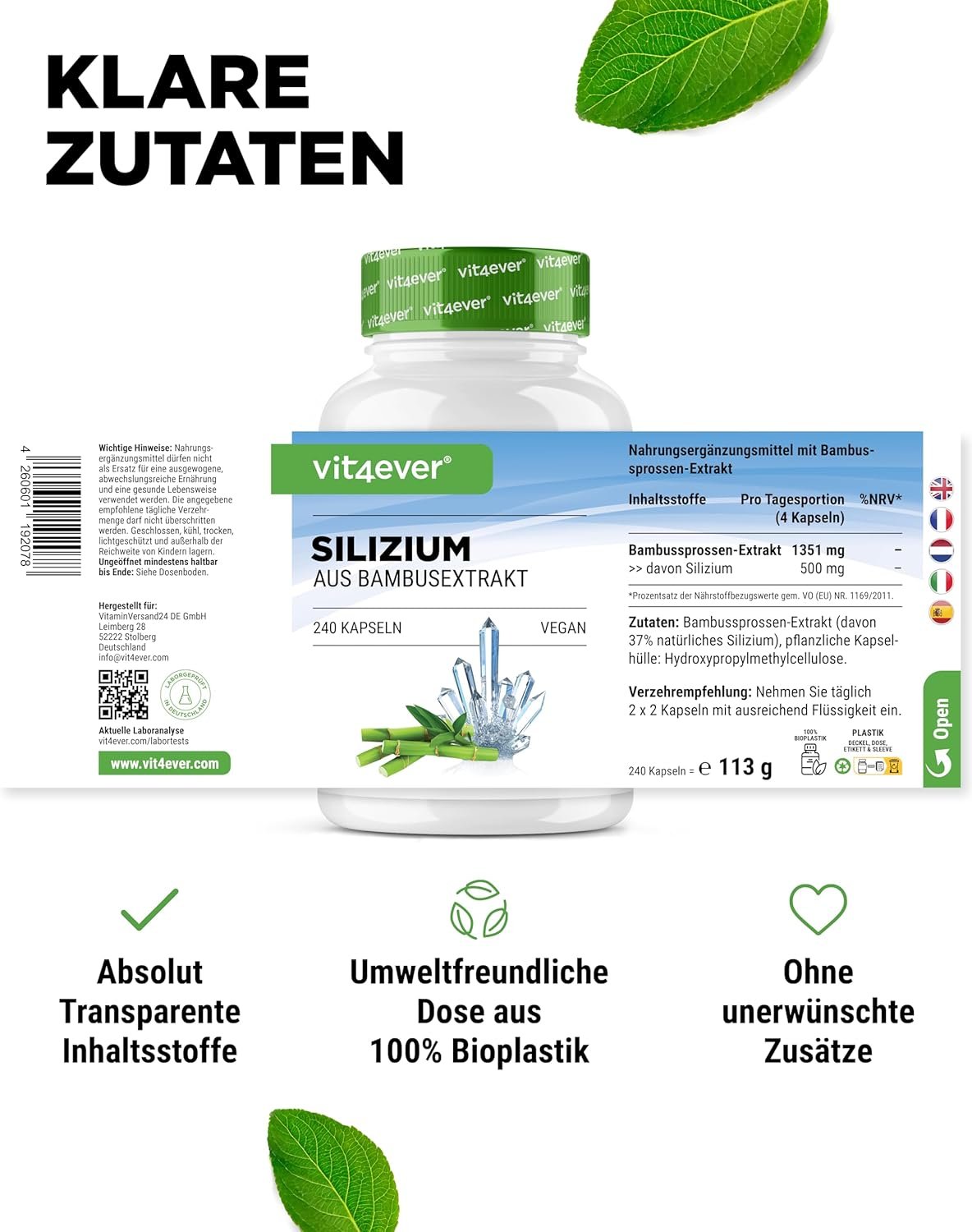 240 silizium kapseln hochdosiert 500 mg – Organisches Silicium aus Bambusextrakt – Vita4ever