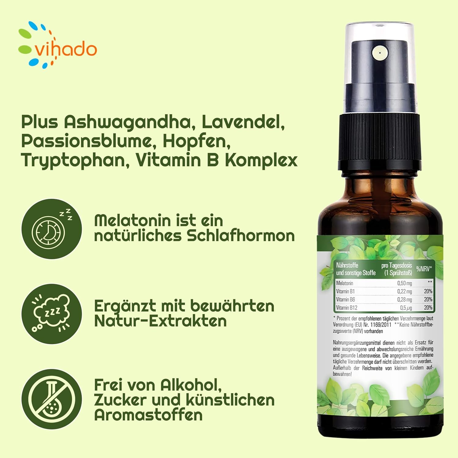 30 ml melatonin spray hochdosiert – Mit Ashwagandha, Lavendel & Vitamin B – Vihado Natur