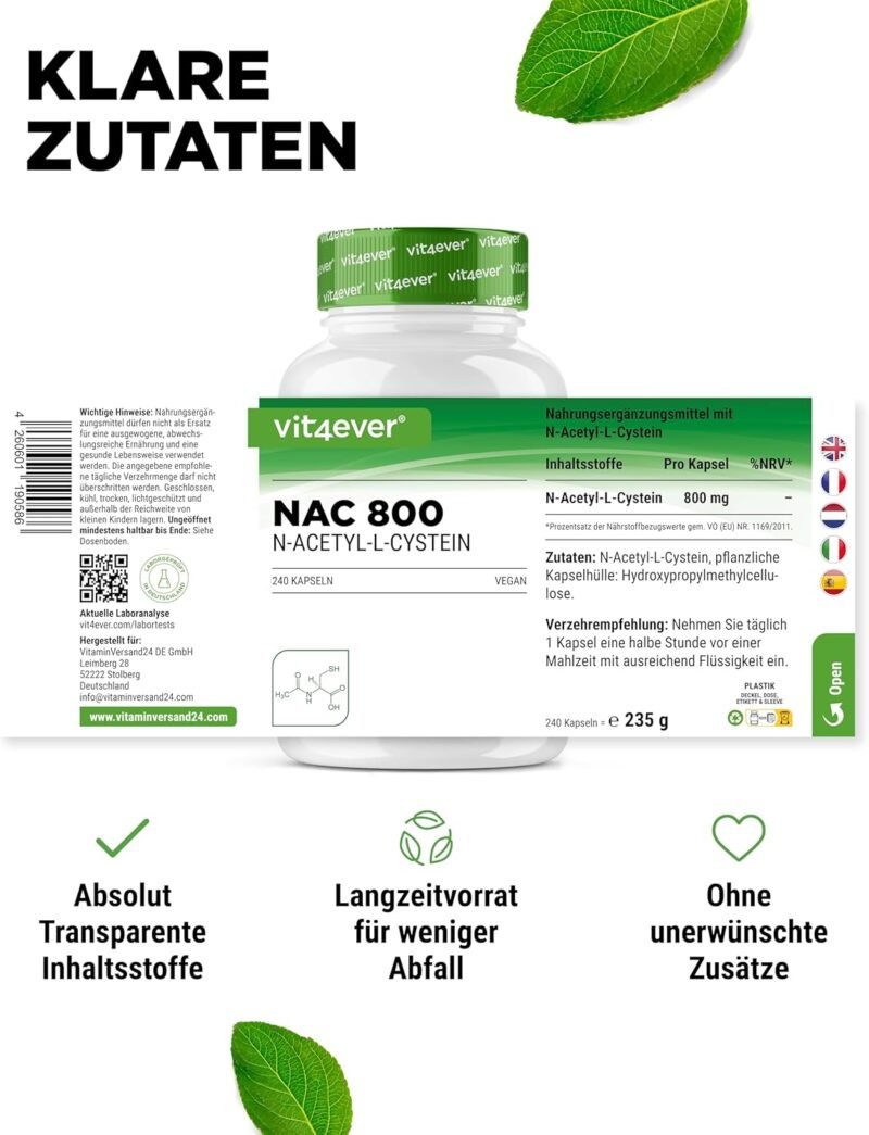 240 nac husten Kapseln – Hochdosiertes NAC 800 mg – Vegan, Laborgeprüft