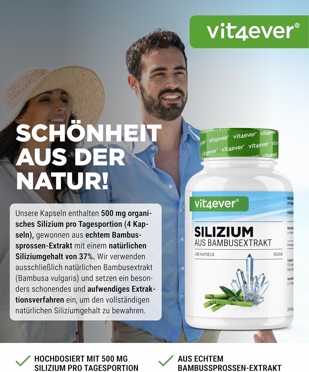 240 silizium kapseln hochdosiert 500 mg – Organisches Silicium aus Bambusextrakt – Vita4ever