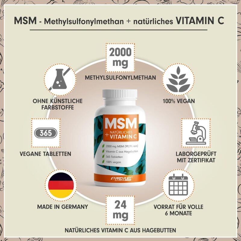 365 msm tabletten – 2000 mg MSM + Vitamin C – Hochdosiert, Laborgeprüft