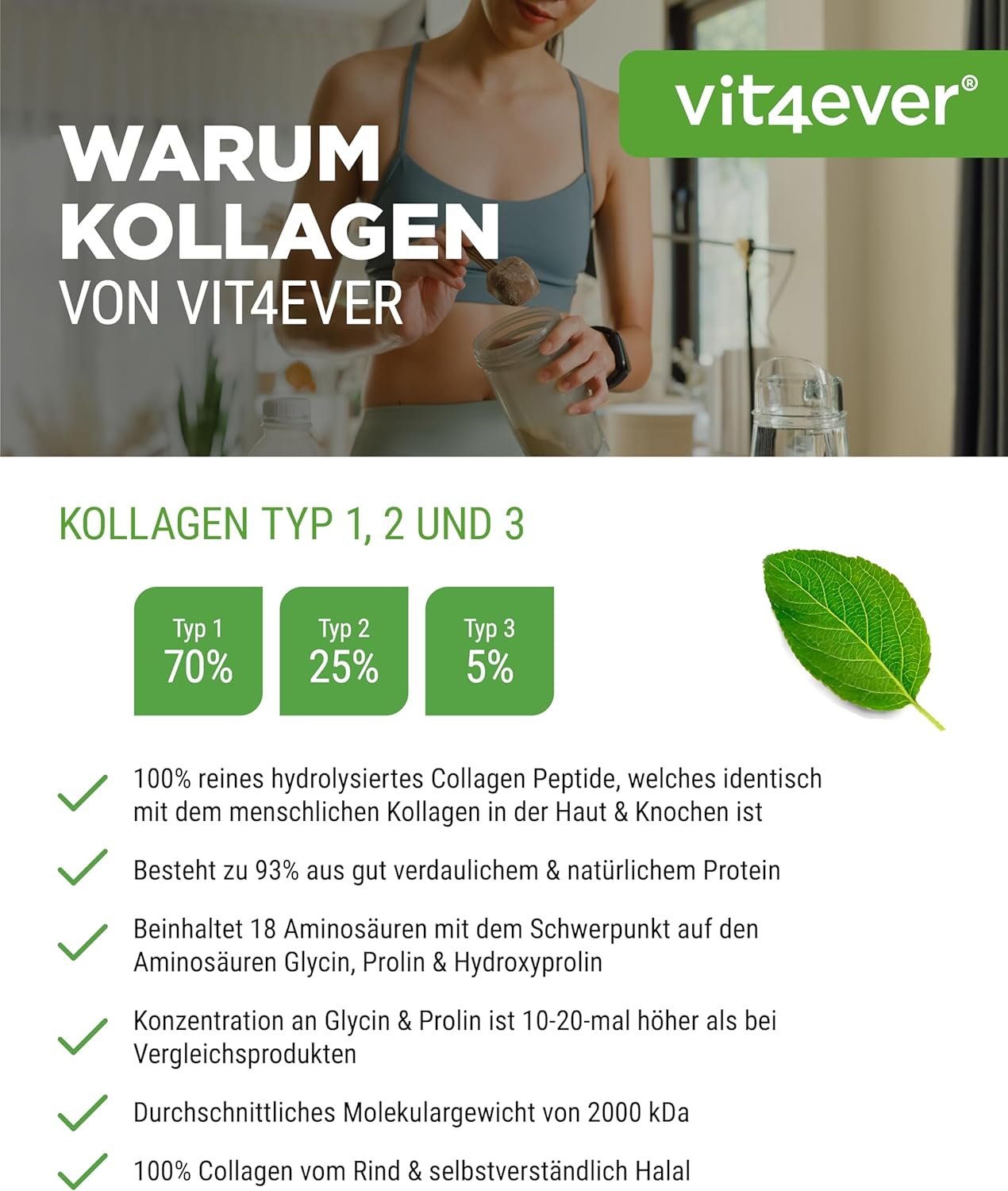 1kg Kollagen Hydrolysat Pulver – Bioaktive Kollagen Peptide Typ 1, 2 & 3 – Geschmacksneutral