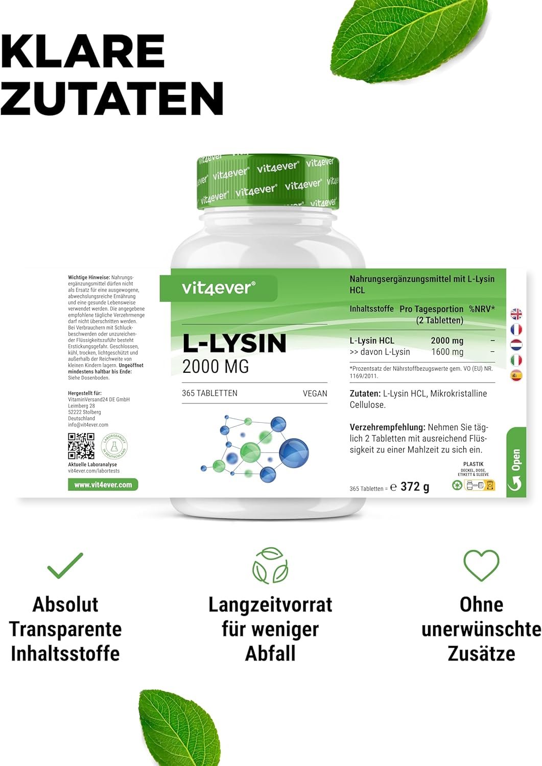 365 l-lysin tabletten – 2000 mg hochdosiert – Vegan & Ohne Zusätze