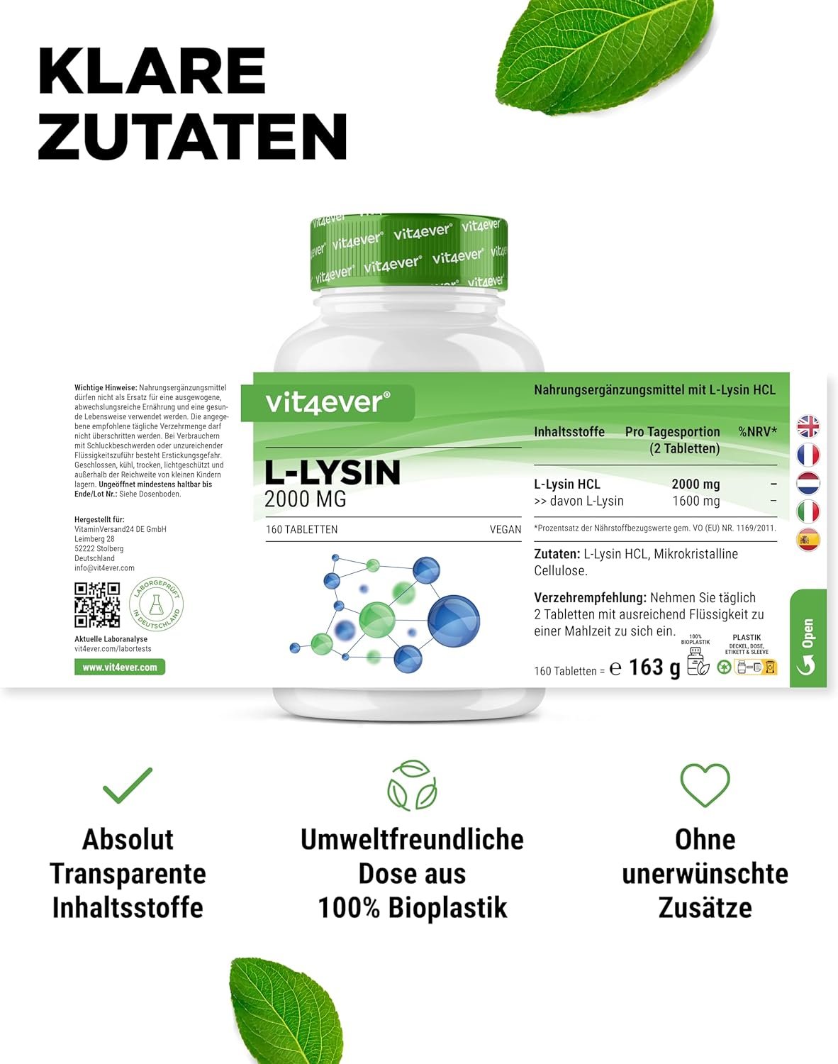 81nlYFRhYmL._AC_SL1500_ 160 l-lysin tabletten – 2000 mg hochdosiert – Vegan & Ohne Zusätze