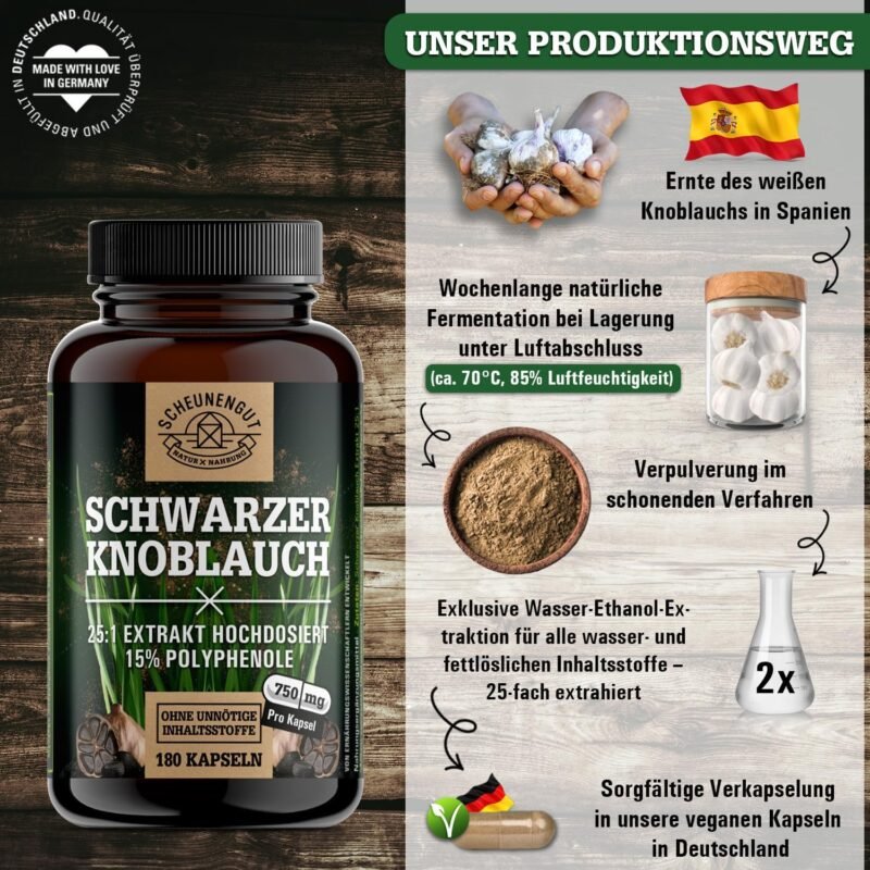 180 schwarzer knoblauch kapseln – 1500 mg Tagesdosis – 25:1 Extrakt & 15% Polyphenole – Laborgeprüft