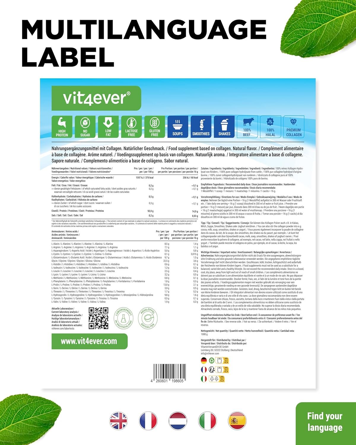 1kg Kollagen Hydrolysat Pulver – Bioaktive Kollagen Peptide Typ 1, 2 & 3 – Geschmacksneutral