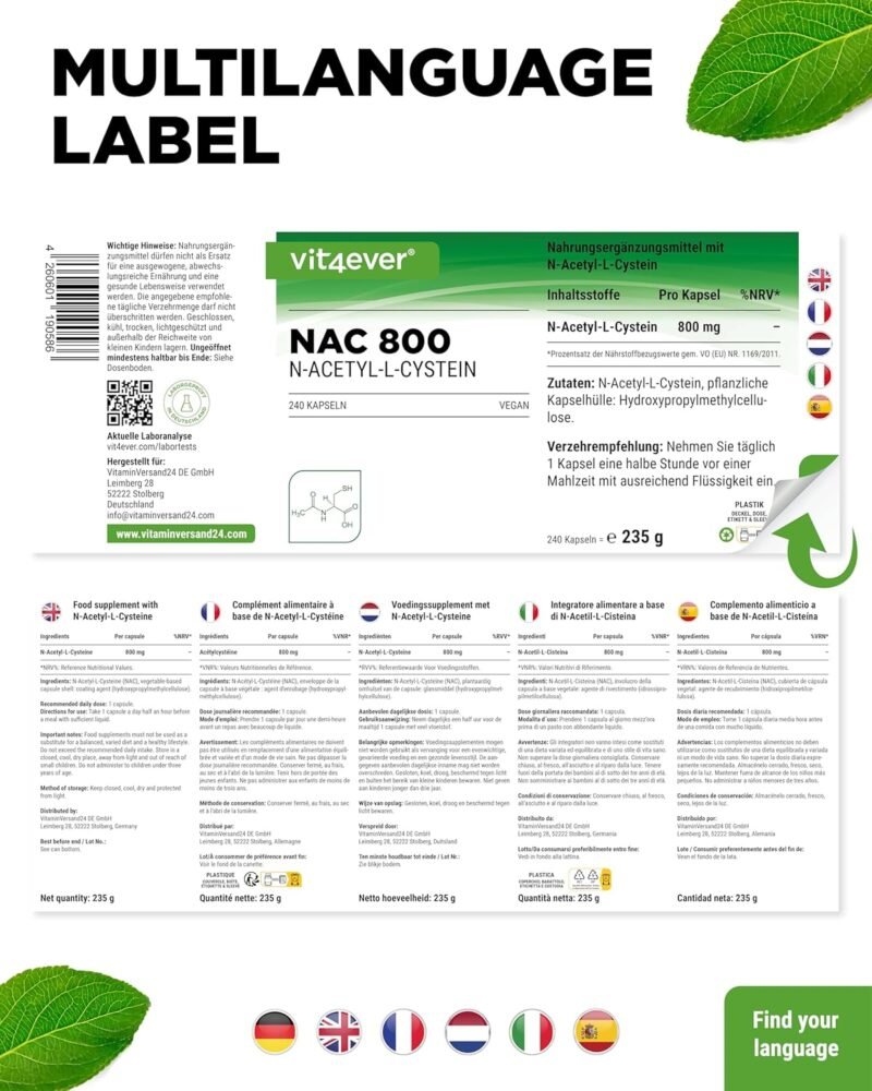 240 nac husten Kapseln – Hochdosiertes NAC 800 mg – Vegan, Laborgeprüft