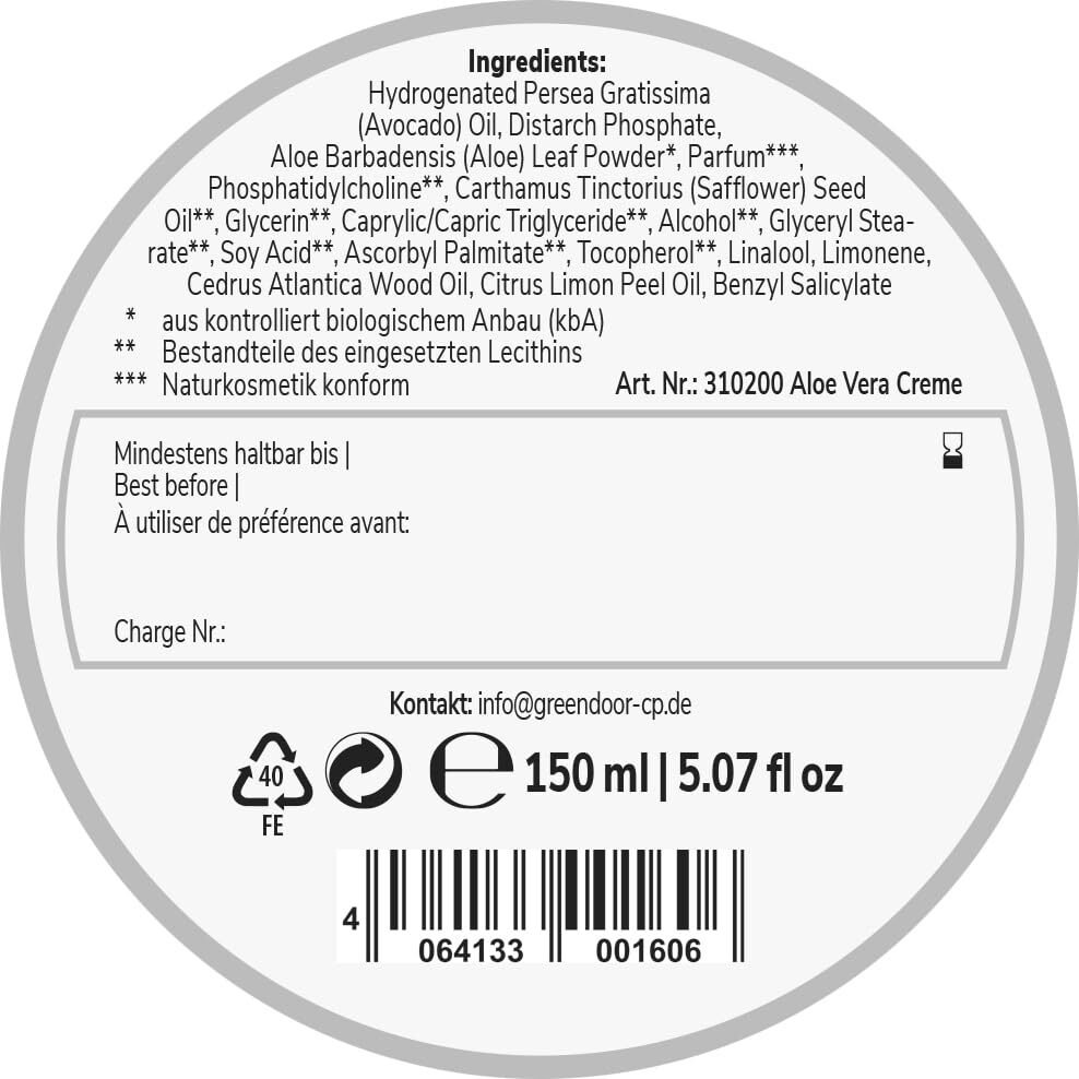 150ml vegane Aloe Vera Creme – Wasserfrei, reichhaltig & natürlich ohne Parabene | GREENDOOR