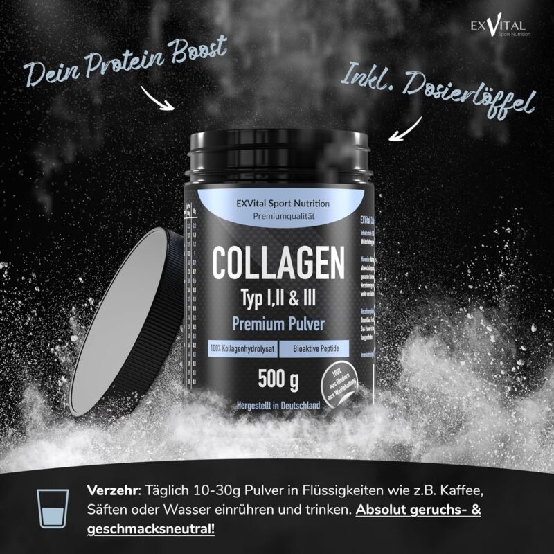 500g Collagen Pulver Bioaktiv – Hochdosiertes Kollagen Hydrolysat Peptide Typ 1, 2 & 3