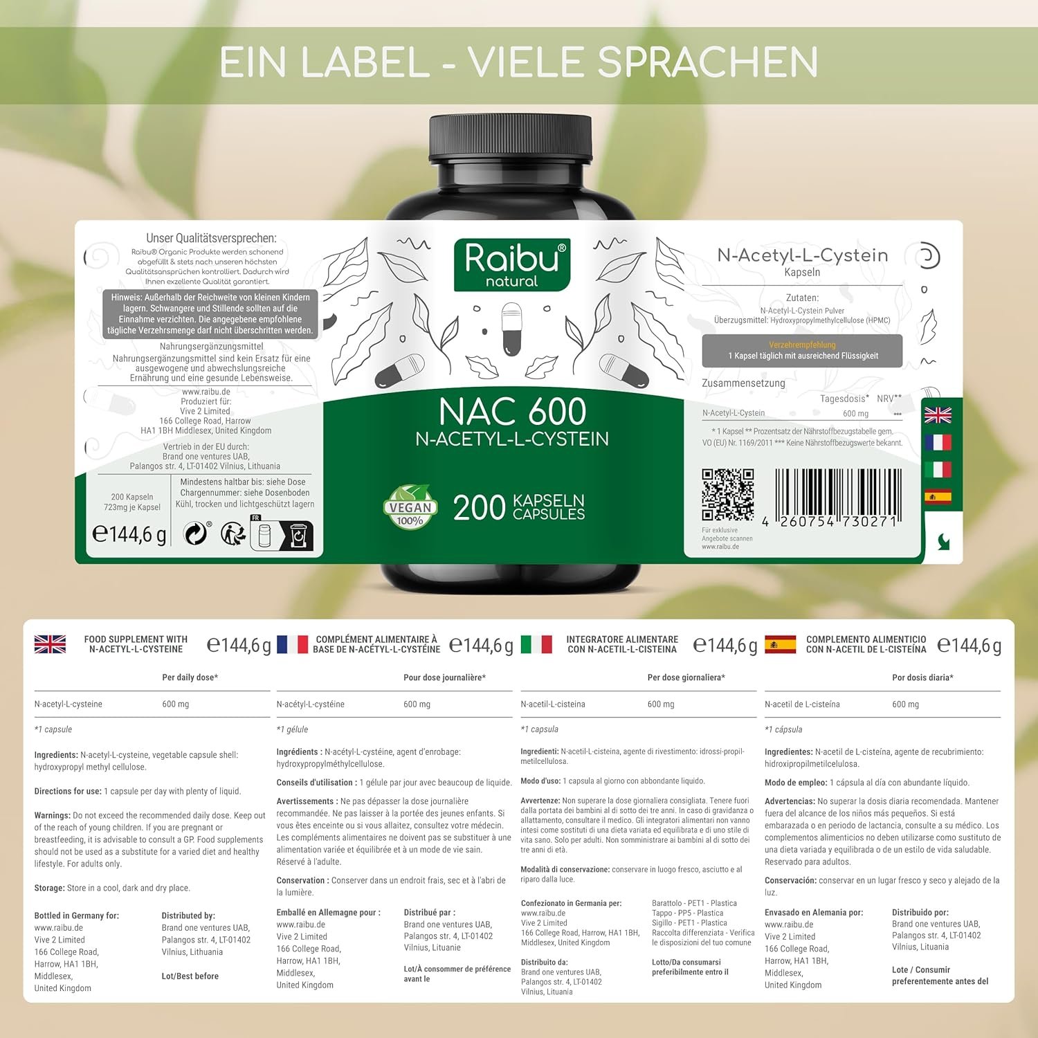 200 nac husten Kapseln 600 mg – Hochdosiert, Ohne Zusätze – Raibu