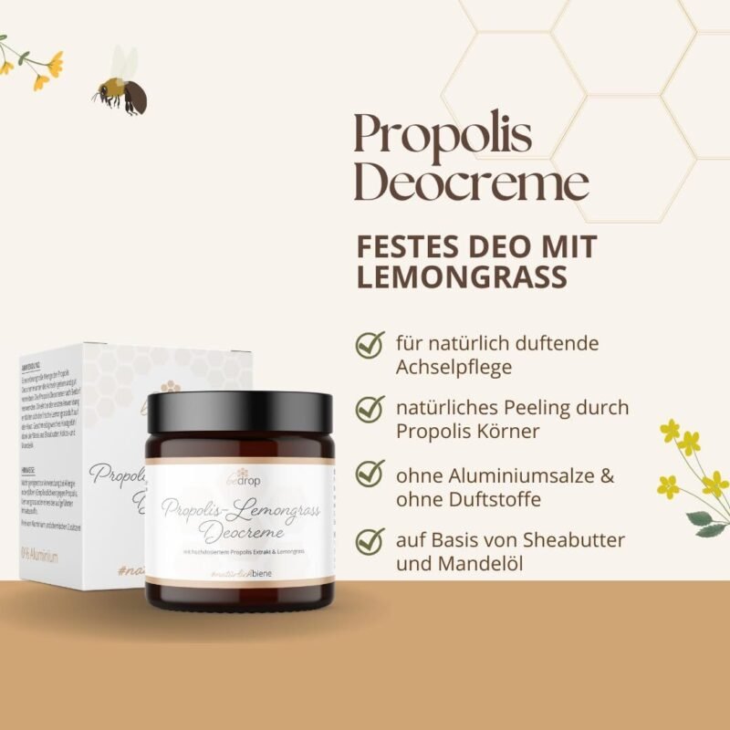 30ml Deocreme ohne Aluminium – Mit Propolis & Lemongrass, Peelingeffekt, vegan | Bedrop