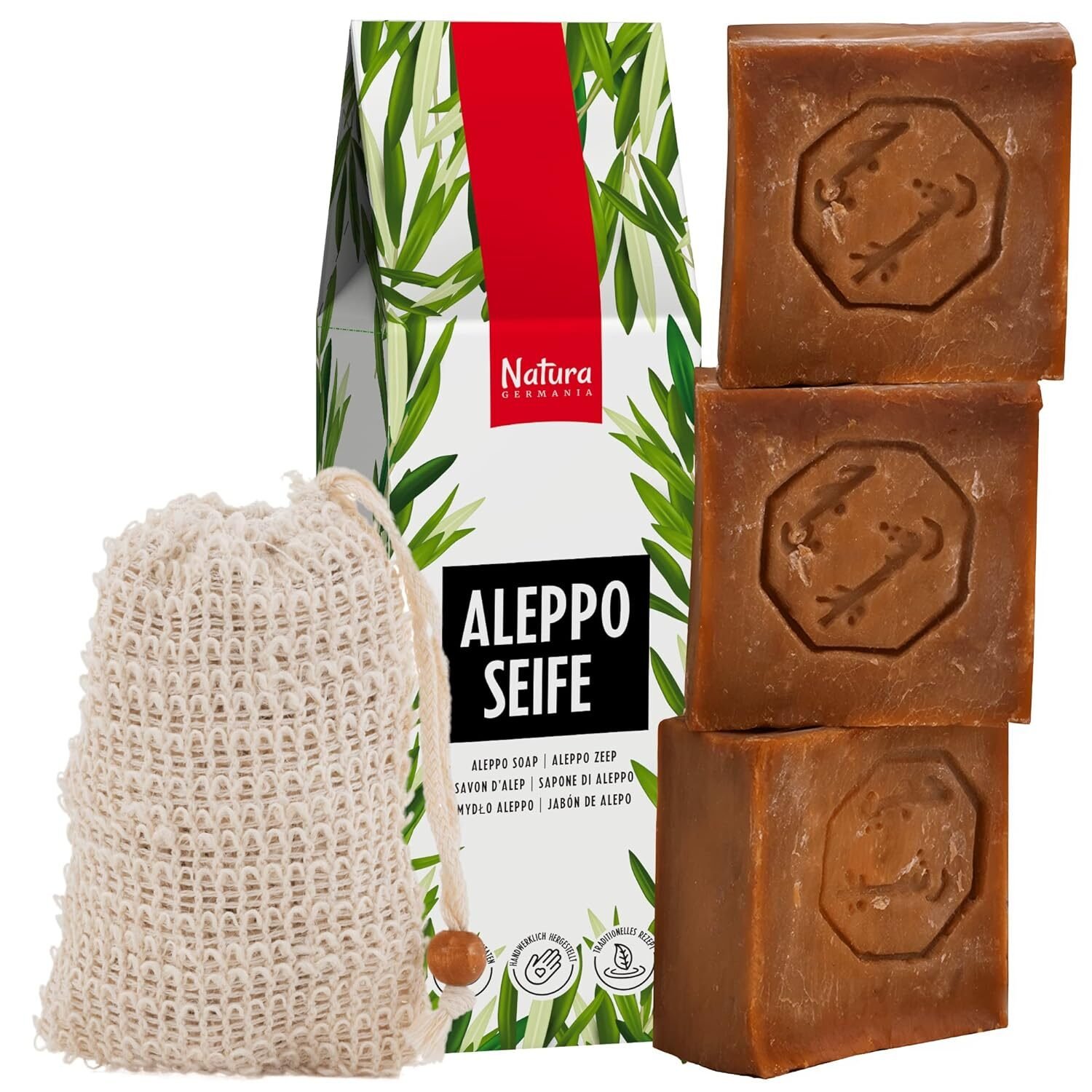 c7ceb8b5ef363c8a75437c91e027ebd7.jpg 3×200g Aleppo Seife Set mit 40 Prozent Lorbeeröl – Naturseife mit Sisalsäckchen
