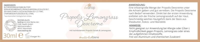 30ml Deocreme ohne Aluminium – Mit Propolis & Lemongrass, Peelingeffekt, vegan | Bedrop
