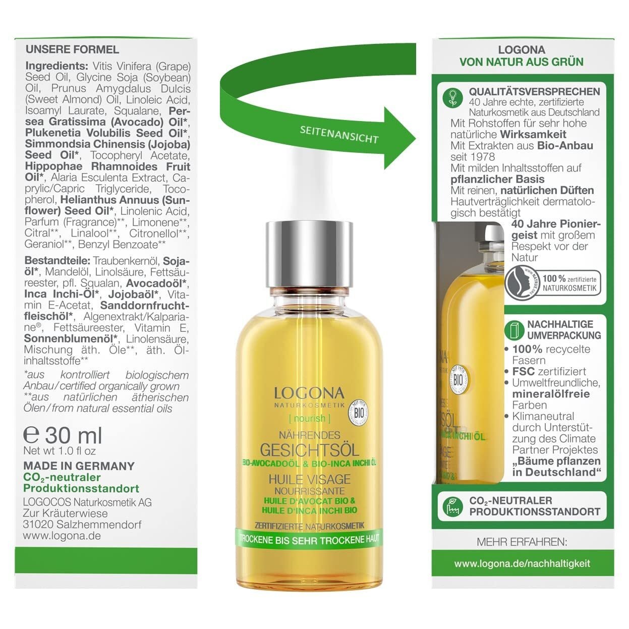 30ml Bio Nährendes Gesichtsöl – Mit Bio-Avocado & Vitamin E – LOGONA Naturkosmetik