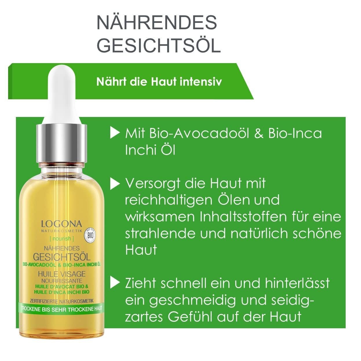 30ml Bio Nährendes Gesichtsöl – Mit Bio-Avocado & Vitamin E – LOGONA Naturkosmetik