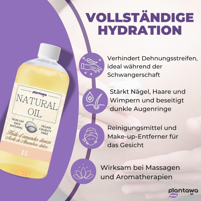 1L Süßes Mandelöl pflanzlichen Ursprungs – Natürliches Körperöl mit Vitamin E für Massage und Schwangerschaftspflege