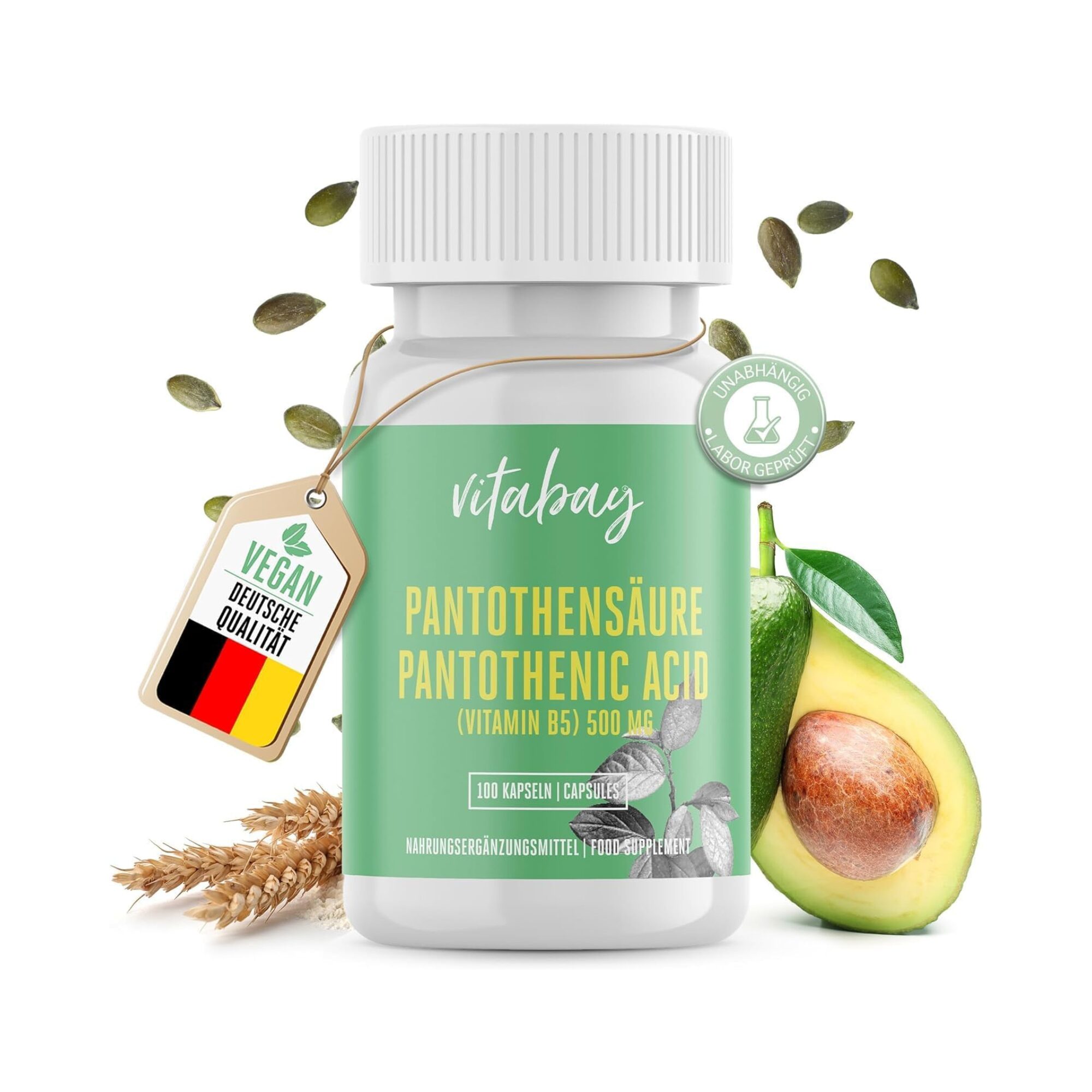 100 Kapseln Vitamin B5 Kapseln 500 mg hochdosiert vegan Vitabay