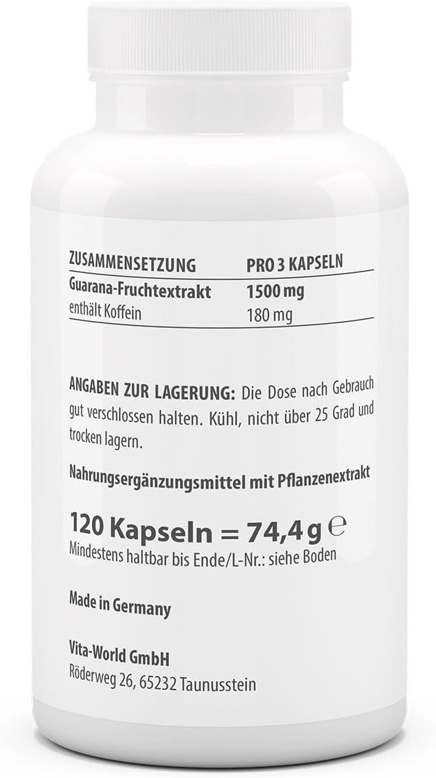 120 Kapseln Guarana Kapseln 500 mg natürlich vegan - Vitaworld