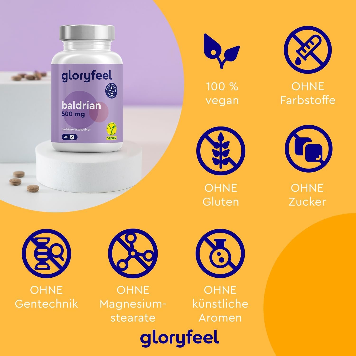 610W2N6fG7L._AC_SL1500_ 400 baldrian hochdosiert Tabletten – 500 mg Baldrianwurzelpulver – Vegan – Gloryfeel