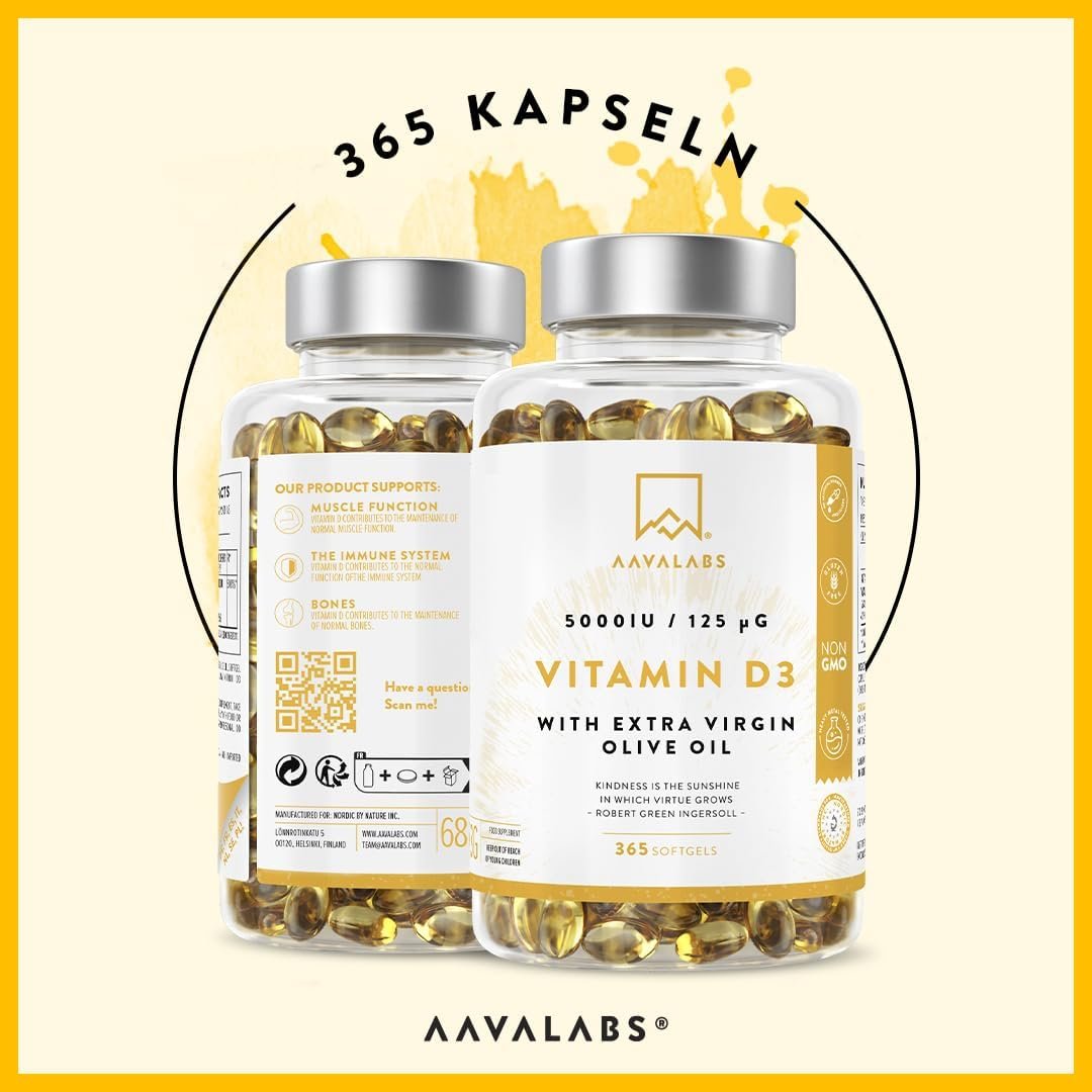 365 Kapseln Vitamin D3 Kapseln 5000 IU hochdosiert glutenfrei AAVALABS