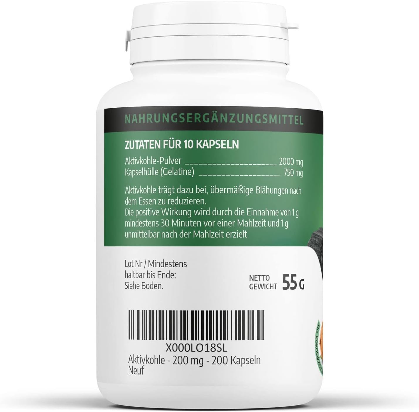 Aktive kohle kapseln 200 mg – 200 Stück vegan & hochrein | SPN