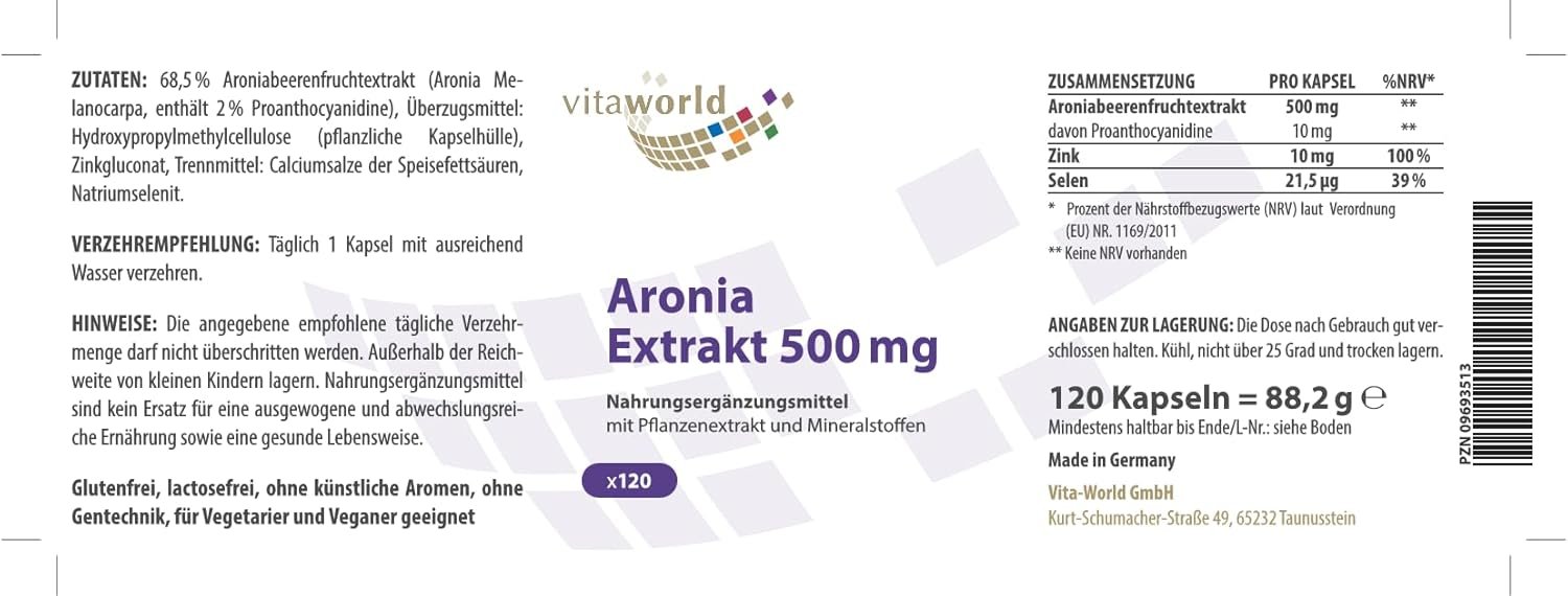 120 Kapseln Aronia Extrakt Kapseln 500 mg mit Selen & Zink vitaworld
