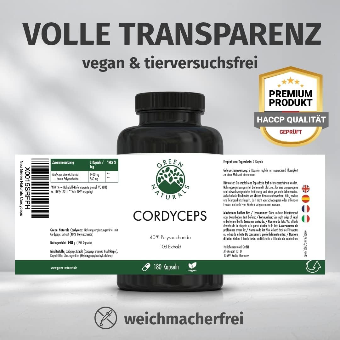 Cordyceps kapseln hochdosiert 14000mg 10:1 extrakt 40% polysaccharide | Green Naturals