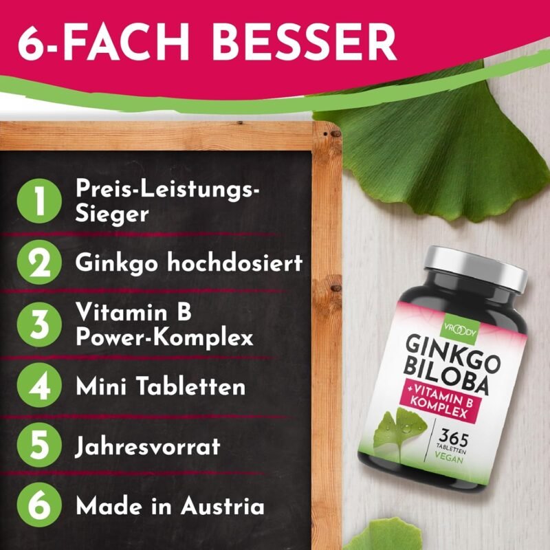 365 ginkgo biloba tabletten – 6000 mg pro Tablette – Mit B-Vitamin Komplex – Laborgeprüft