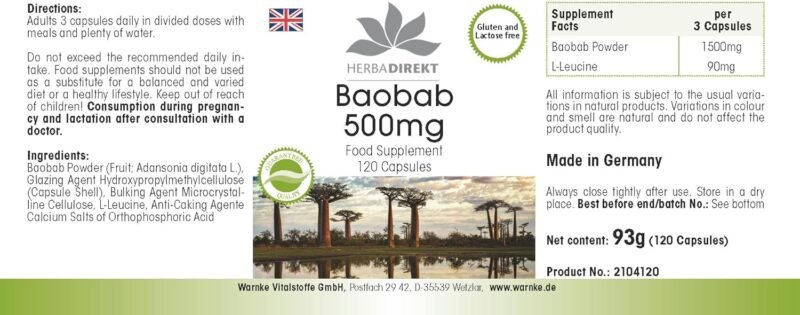 120 Baobab Kapseln hochdosiert 500 mg vegan Früchte des Affenbrotbaums Herbadirekt